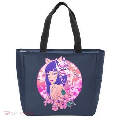 Japanese Cherry Blossoms Kitsune Fox Girl Tote Bag