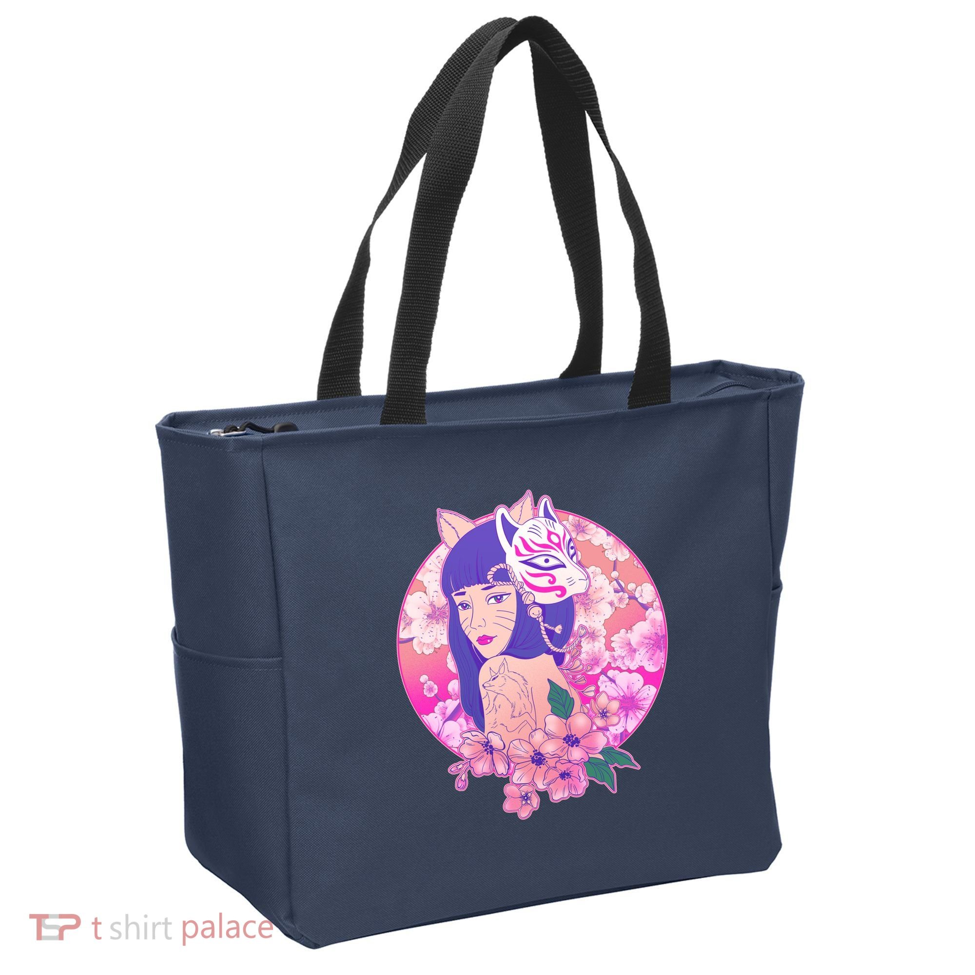 Japanese Cherry Blossoms Kitsune Fox Girl Tote Bag