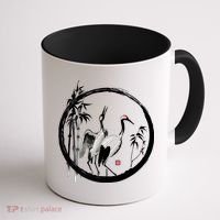 Japanese Ink Painting Cranes Bamboo Birds Coffee Mug thumb 1