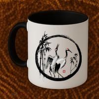 Japanese Ink Painting Cranes Bamboo Birds Coffee Mug thumb 2