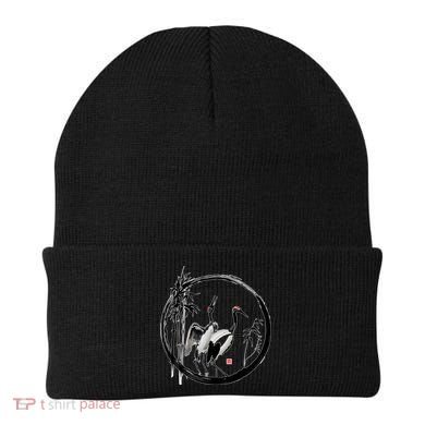 Japanese Ink Painting Cranes Bamboo Birds Beanie
