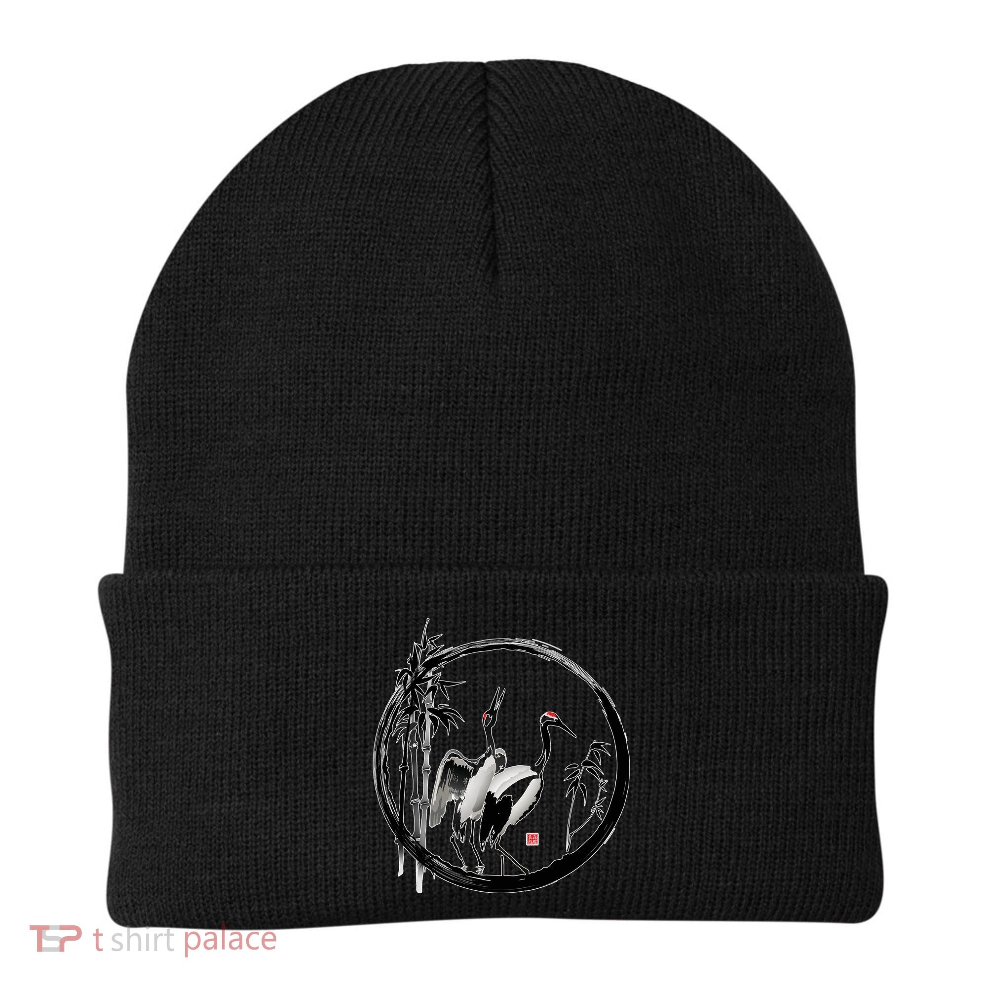 Japanese Ink Painting Cranes Bamboo Birds Beanie