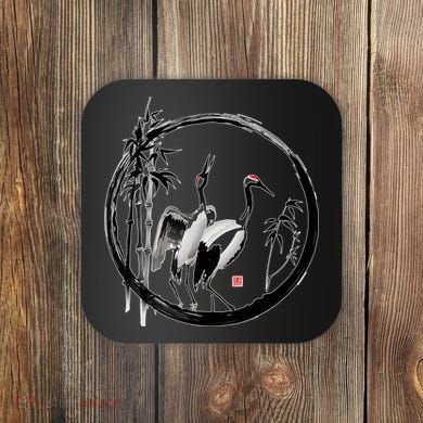 Japanese Ink Painting Cranes Bamboo Birds Coaster