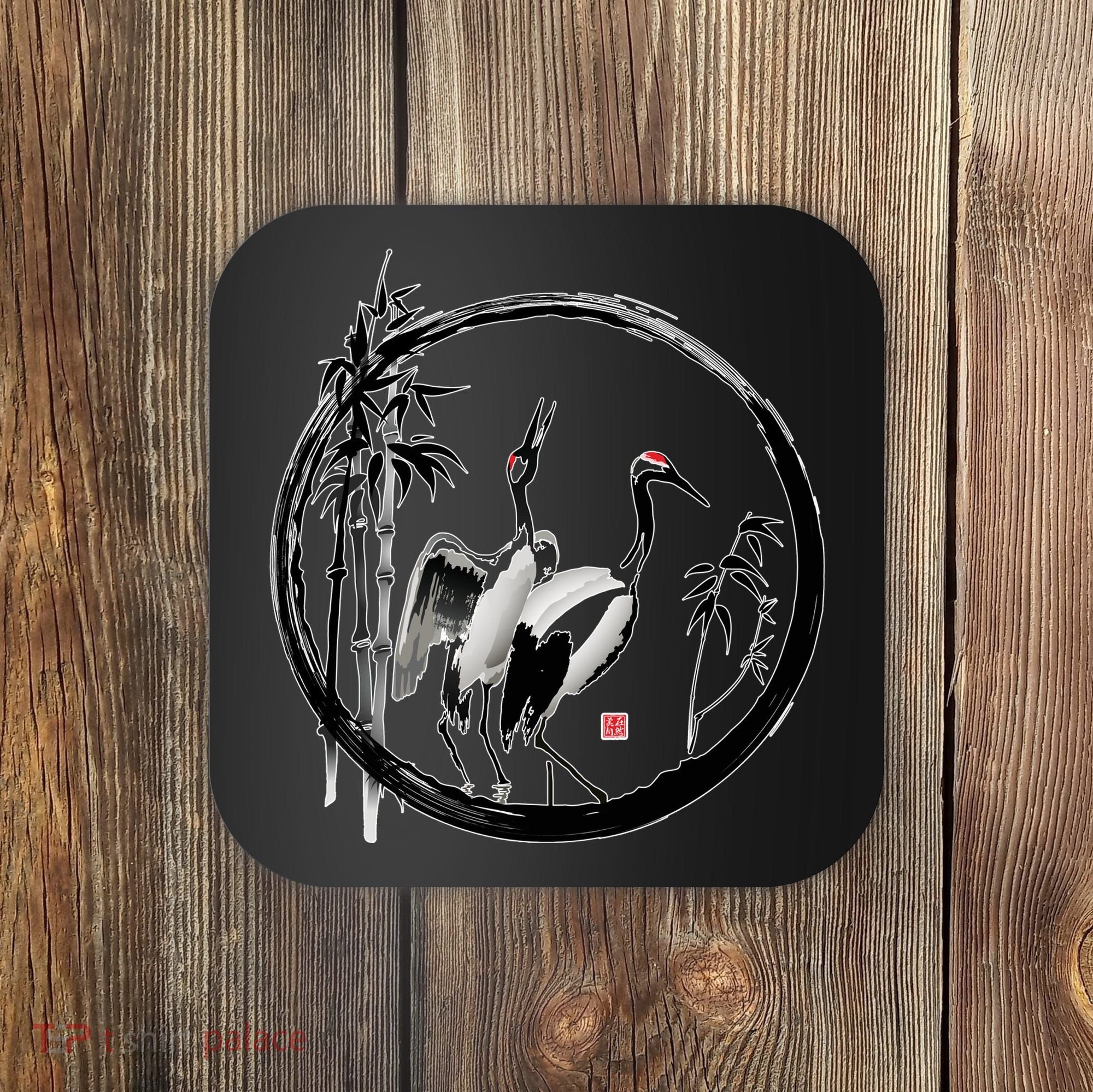 Japanese Ink Painting Cranes Bamboo Birds Coaster