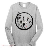 Japanese Ink Painting Cranes Bamboo Birds Long Sleeve Shirt thumb 0
