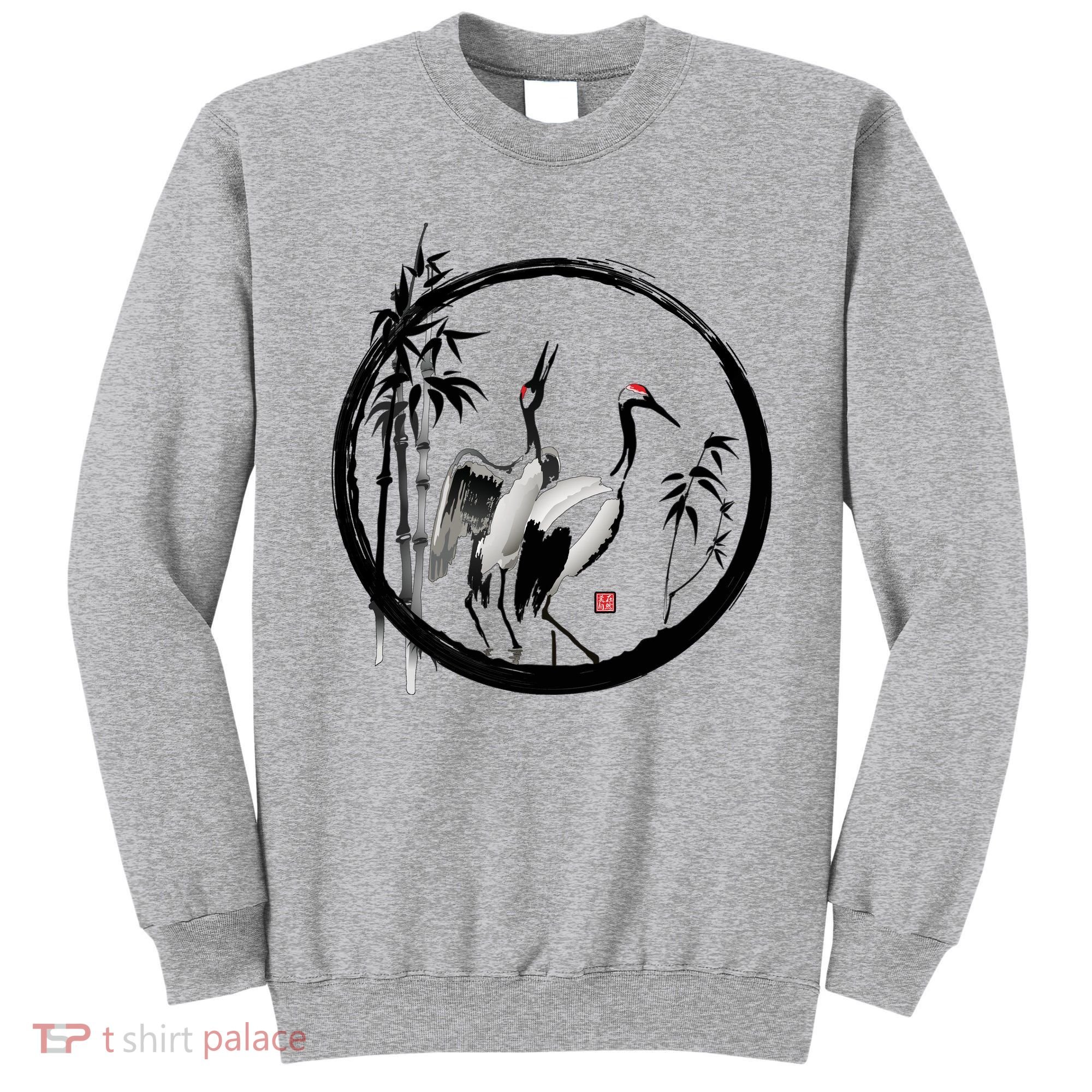 Japanese Ink Painting Cranes Bamboo Birds Sweatshirt