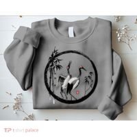 Japanese Ink Painting Cranes Bamboo Birds Sweatshirt thumb 2