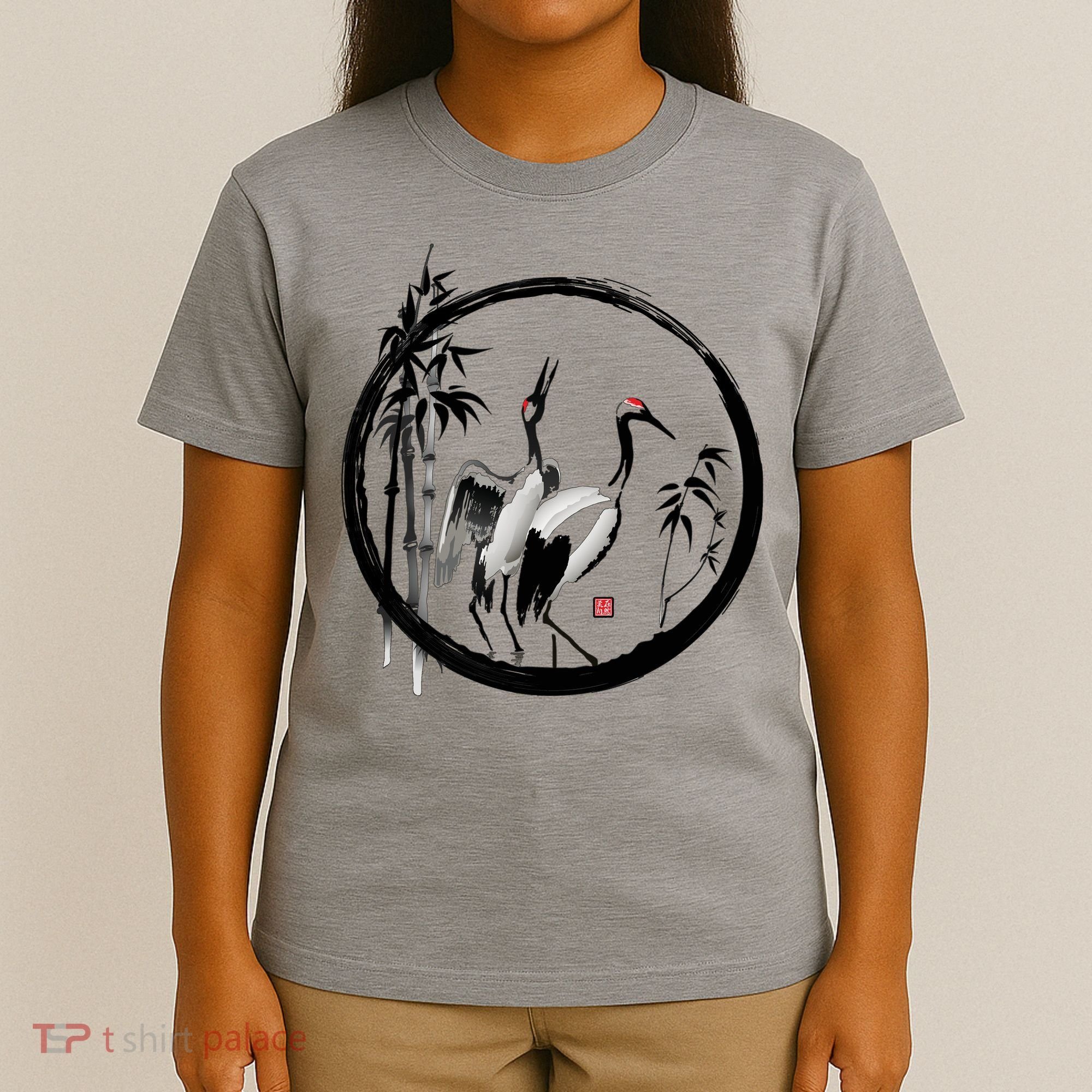 Japanese Ink Painting Cranes Bamboo Birds T-Shirt