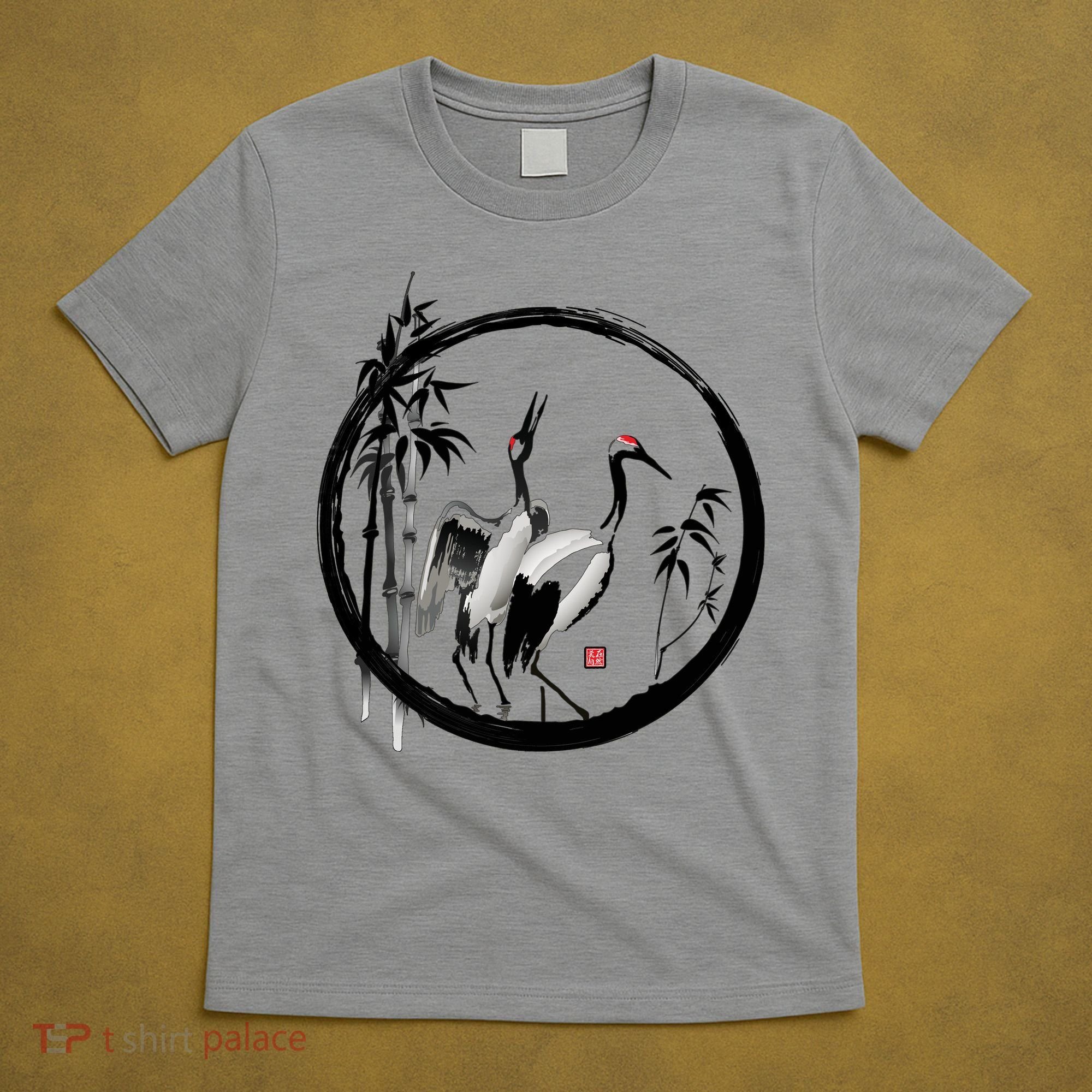 Japanese Ink Painting Cranes Bamboo Birds T-Shirt