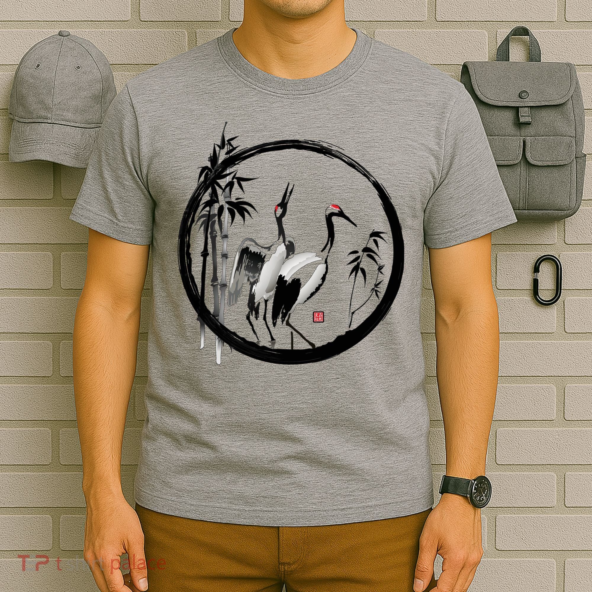 Japanese Ink Painting Cranes Bamboo Birds T-Shirt