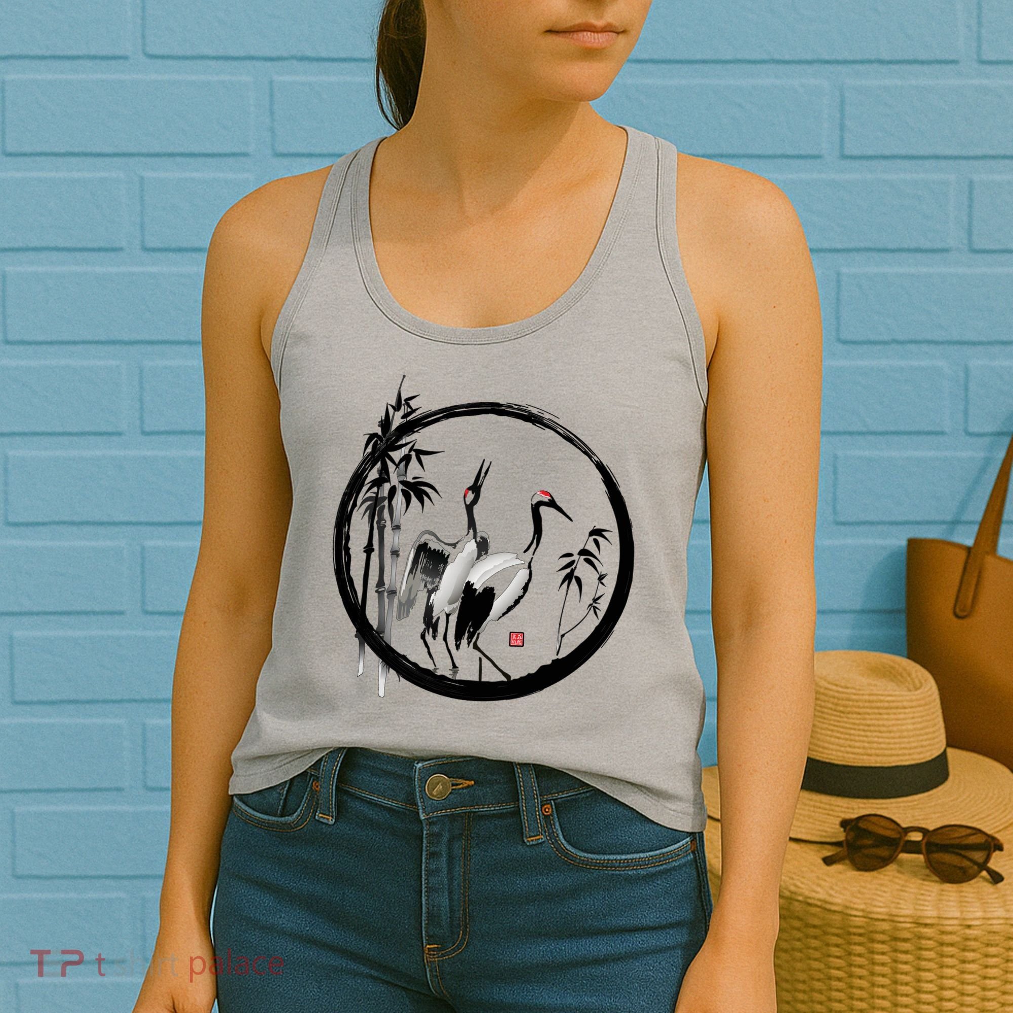 Japanese Ink Painting Cranes Bamboo Birds Women's Tank Top