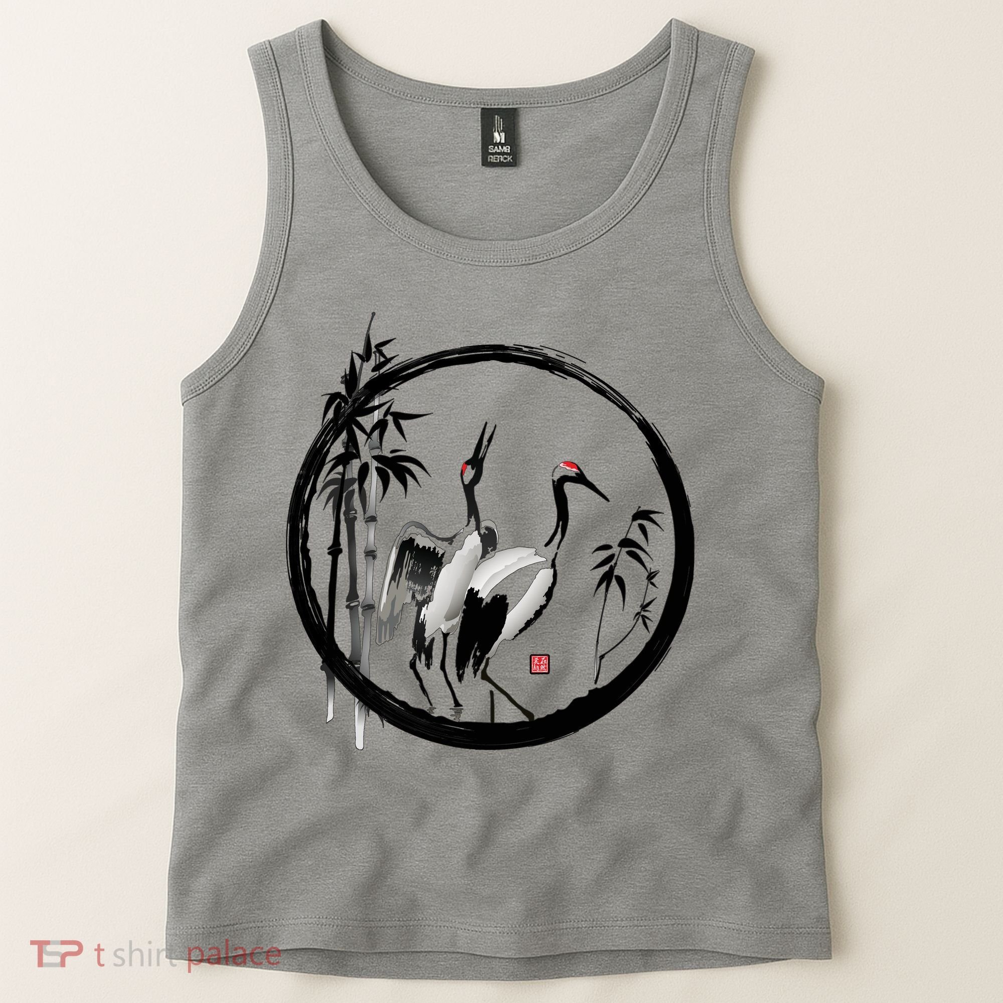 Japanese Ink Painting Cranes Bamboo Birds Tank Top
