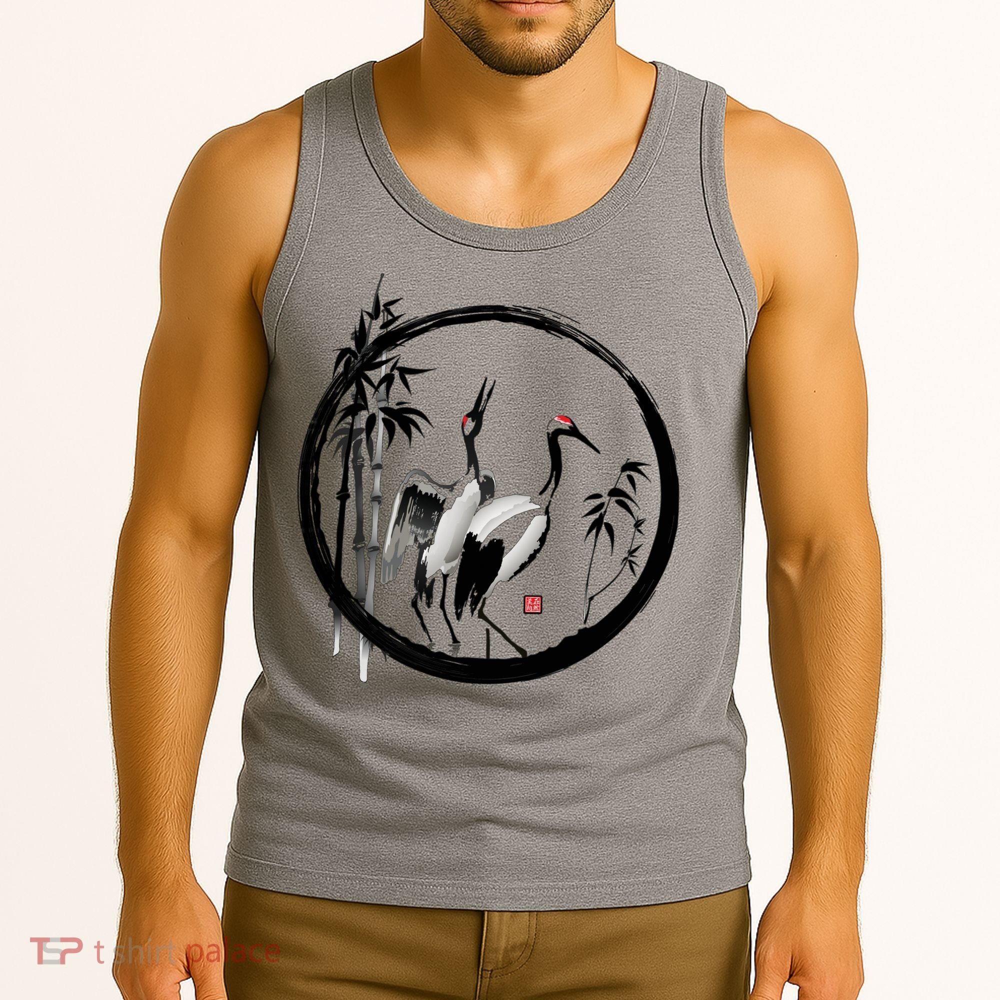 Japanese Ink Painting Cranes Bamboo Birds Tank Top