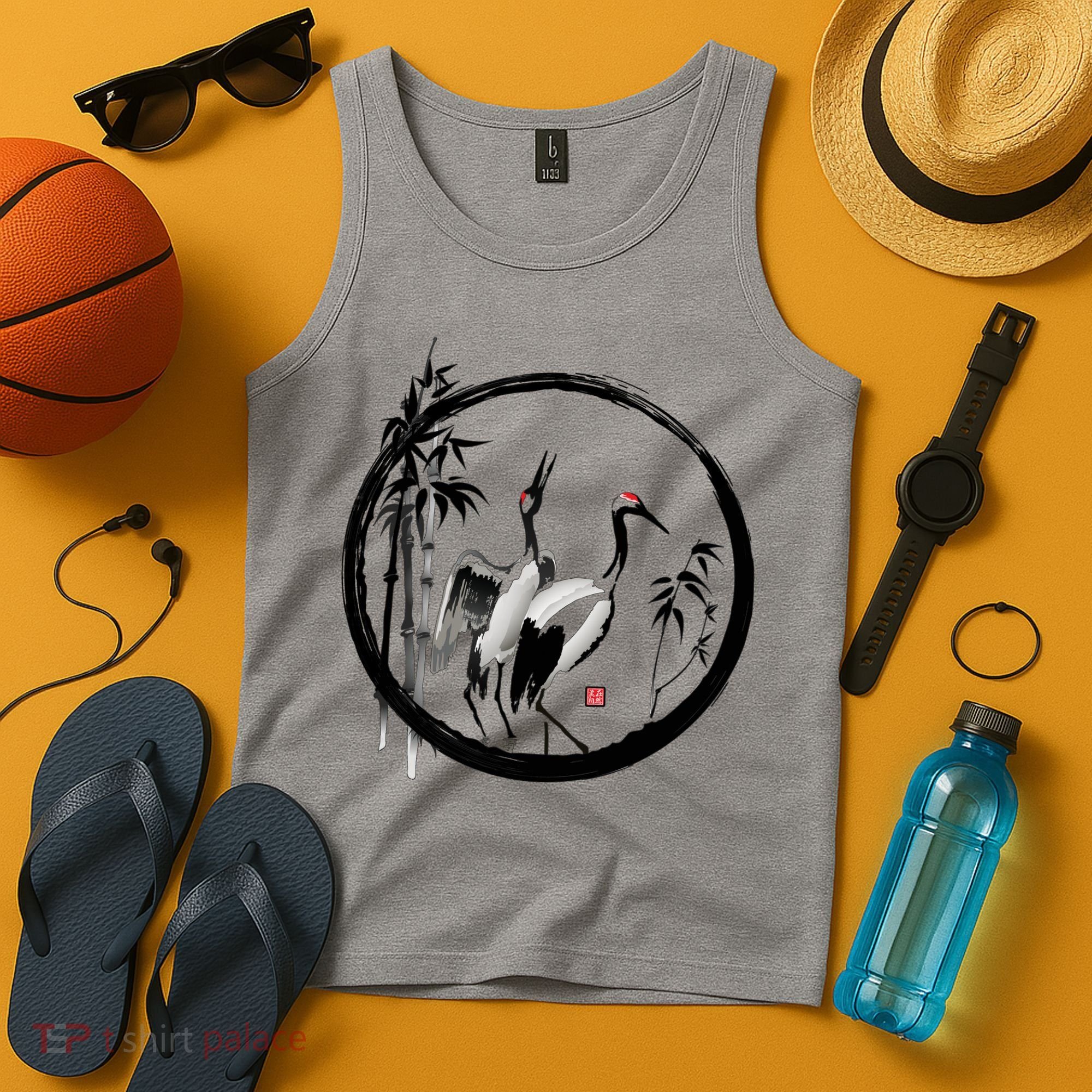Japanese Ink Painting Cranes Bamboo Birds Tank Top