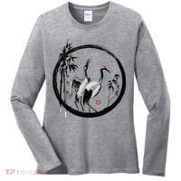 Japanese Ink Painting Cranes Bamboo Birds Women's Long Sleeve Shirt thumb 0