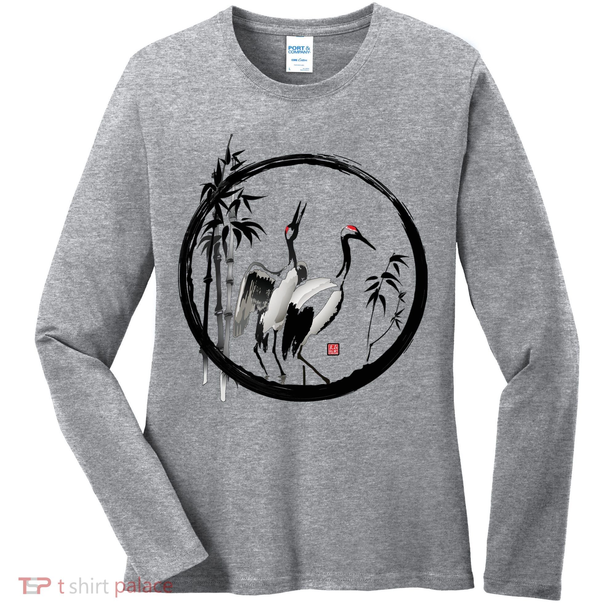 Japanese Ink Painting Cranes Bamboo Birds Women's Long Sleeve Shirt
