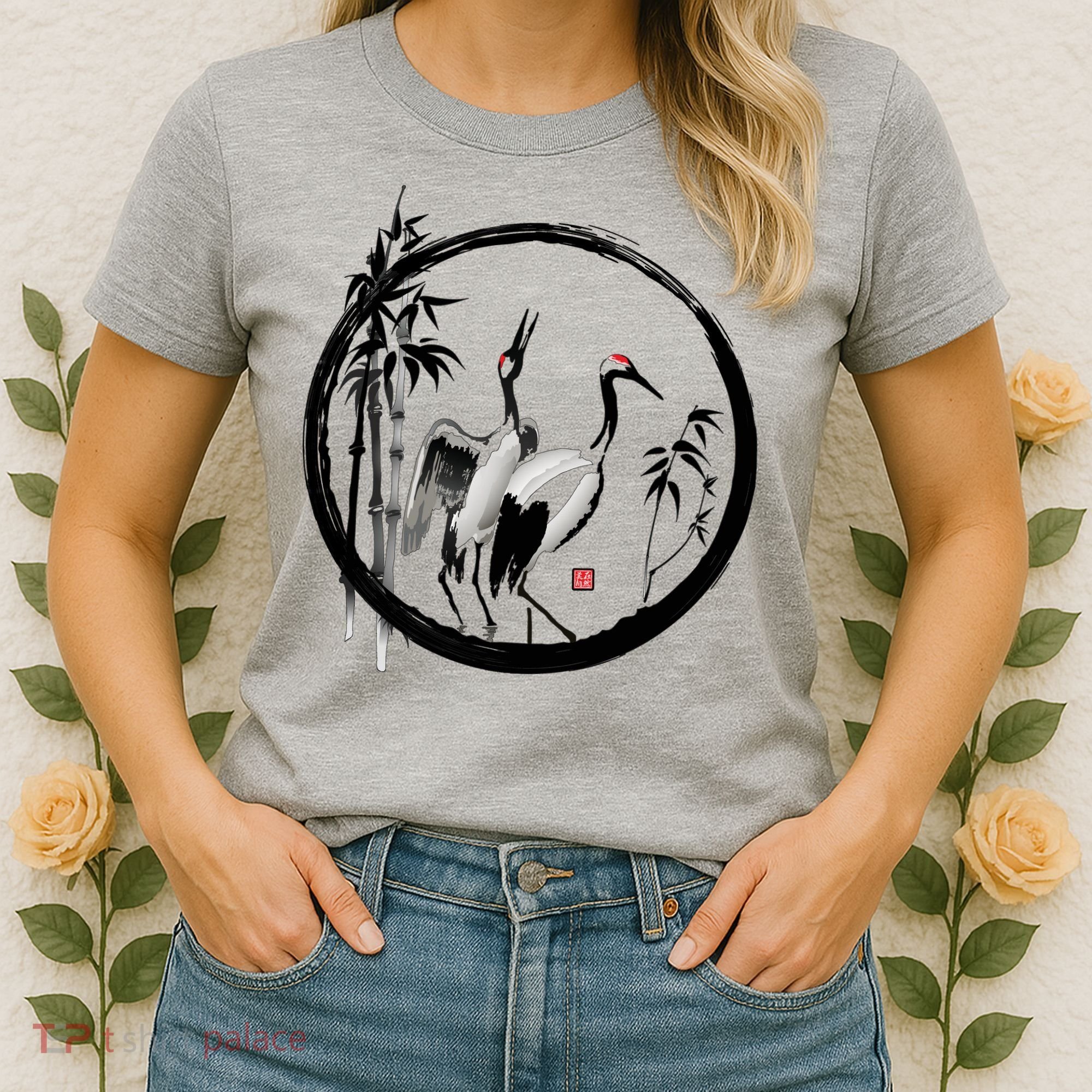 Japanese Ink Painting Cranes Bamboo Birds Women's T-Shirt