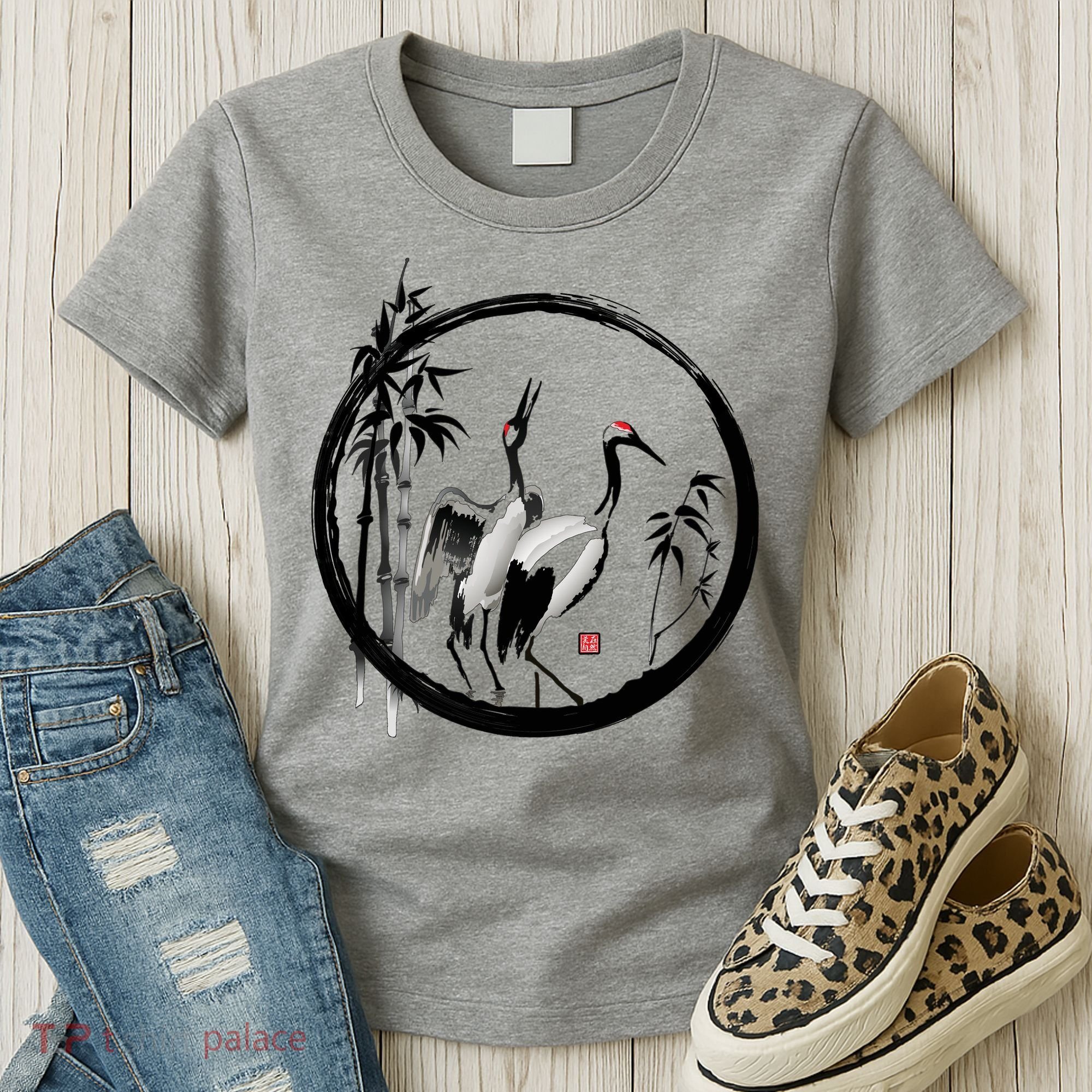 Japanese Ink Painting Cranes Bamboo Birds Women's T-Shirt