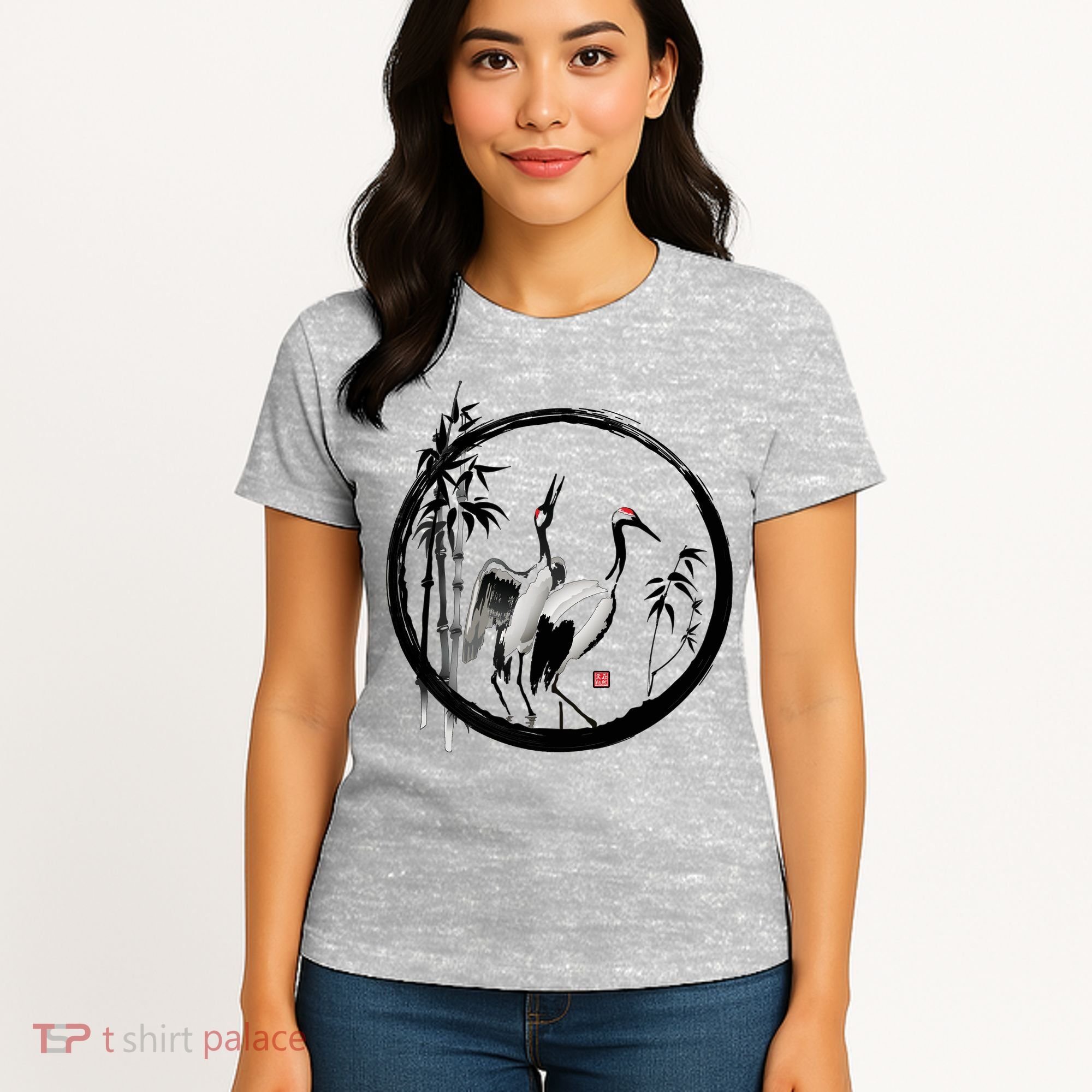 Japanese Ink Painting Cranes Bamboo Birds Women's T-Shirt
