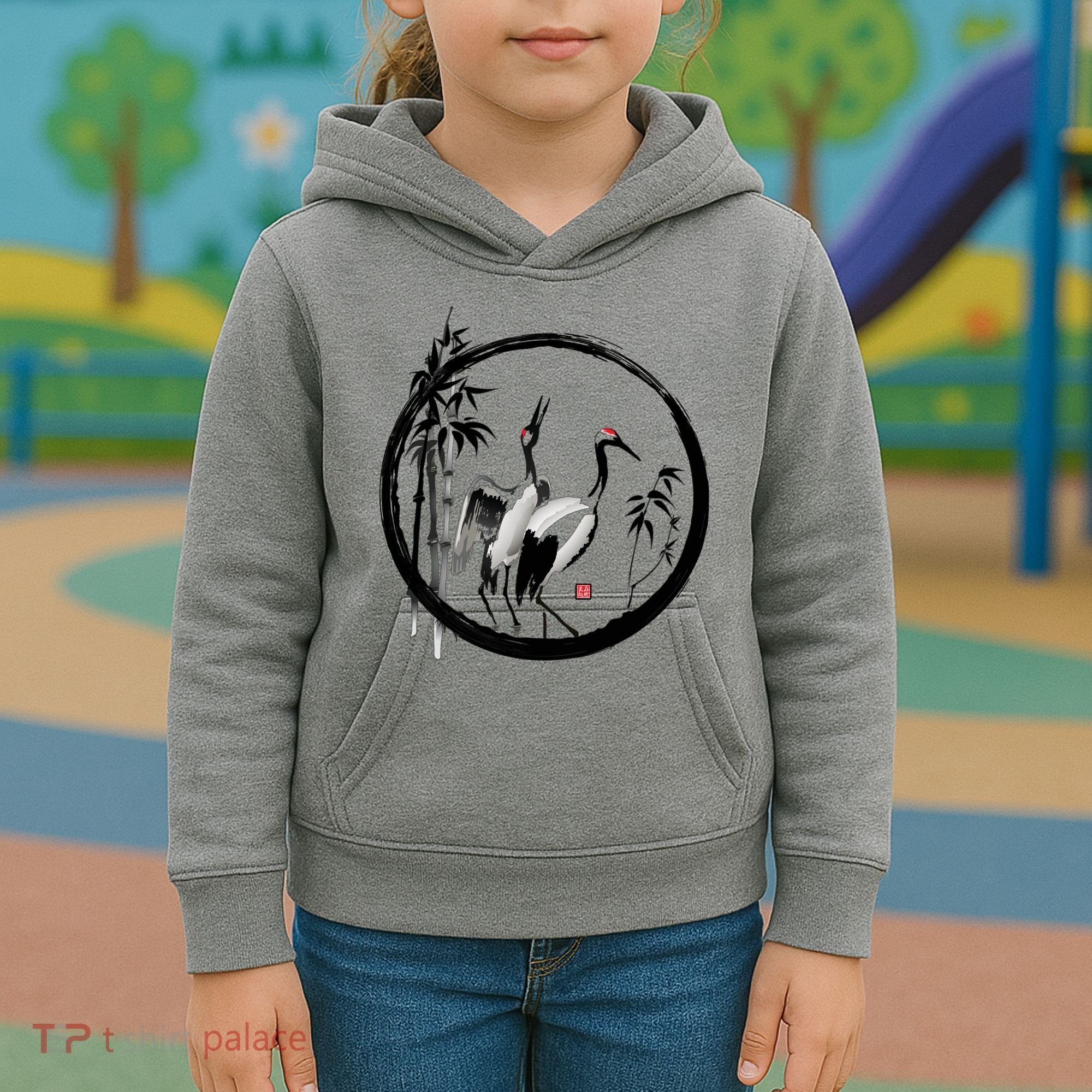 Japanese Ink Painting Cranes Bamboo Birds Kids Hoodie