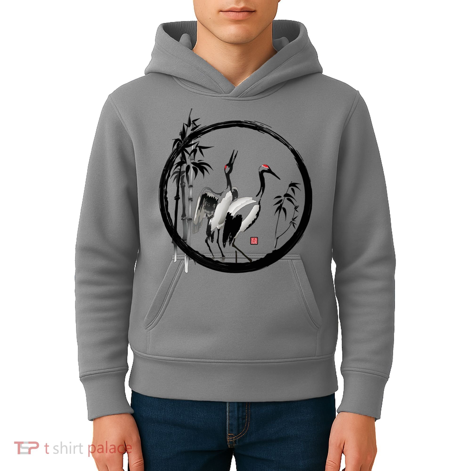 Japanese Ink Painting Cranes Bamboo Birds Kids Hoodie