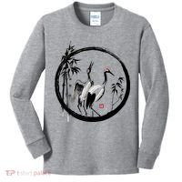 Japanese Ink Painting Cranes Bamboo Birds Kids Long Sleeve Shirt thumb 0