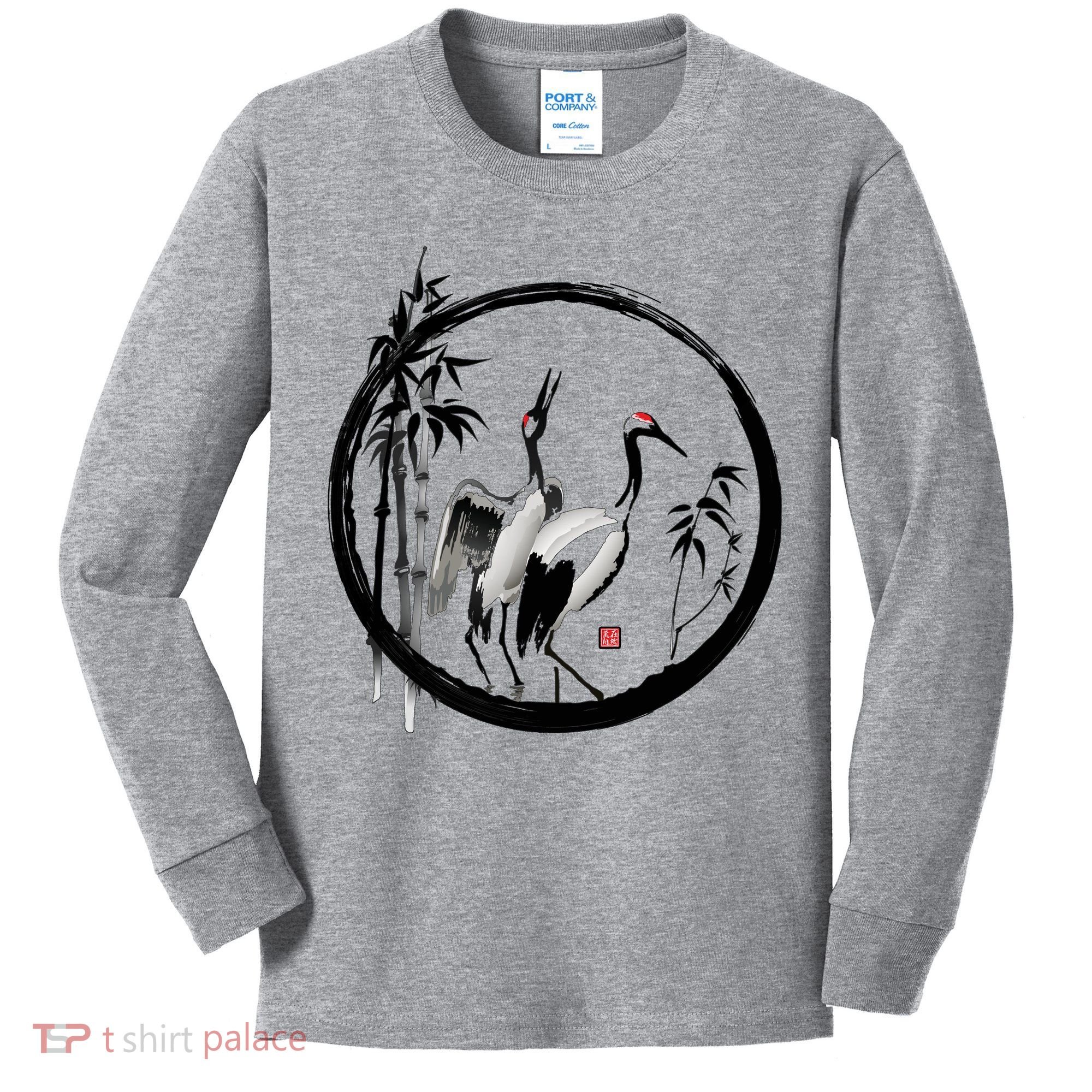 Japanese Ink Painting Cranes Bamboo Birds Kids Long Sleeve Shirt