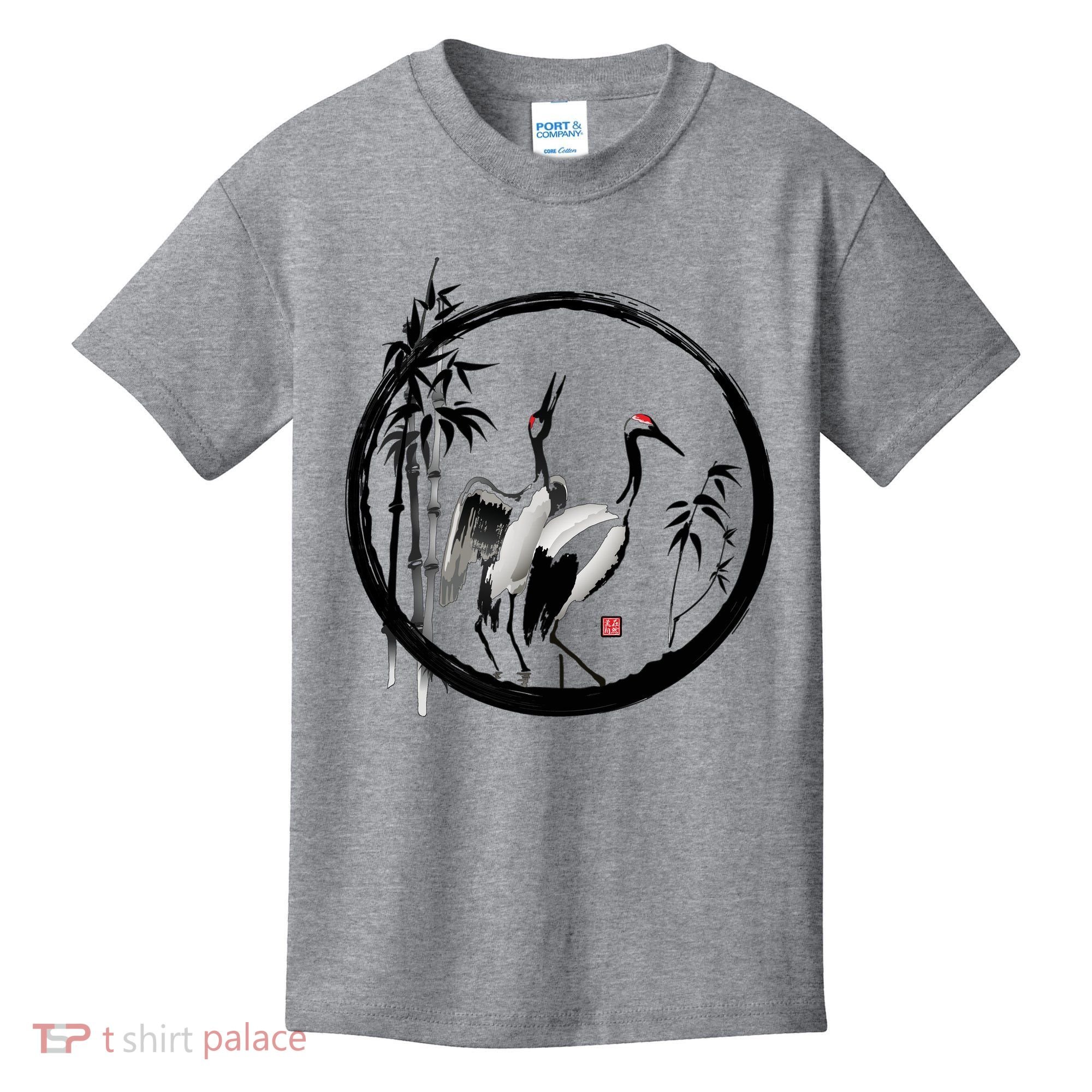Japanese Ink Painting Cranes Bamboo Birds Kids T-Shirt