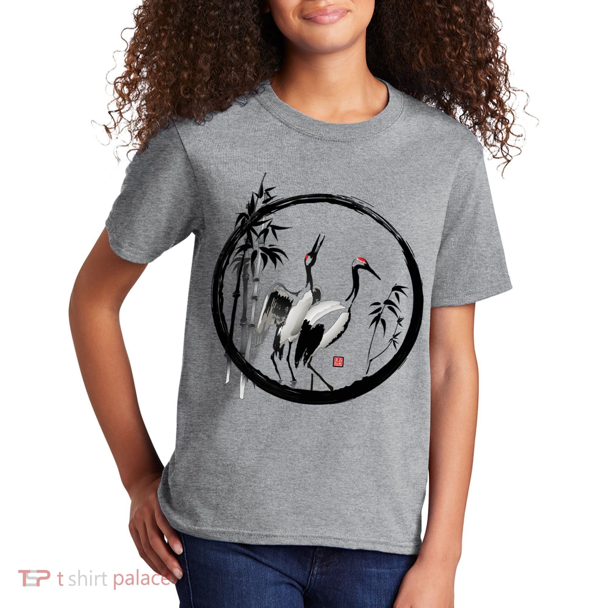 Japanese Ink Painting Cranes Bamboo Birds Kids T-Shirt