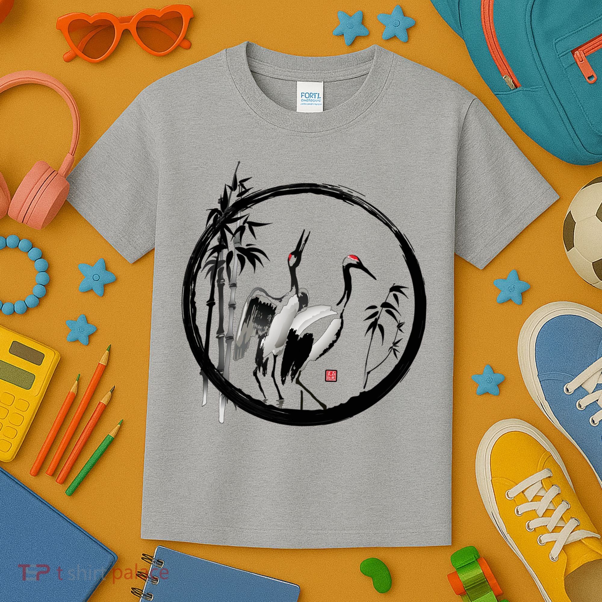 Japanese Ink Painting Cranes Bamboo Birds Kids T-Shirt