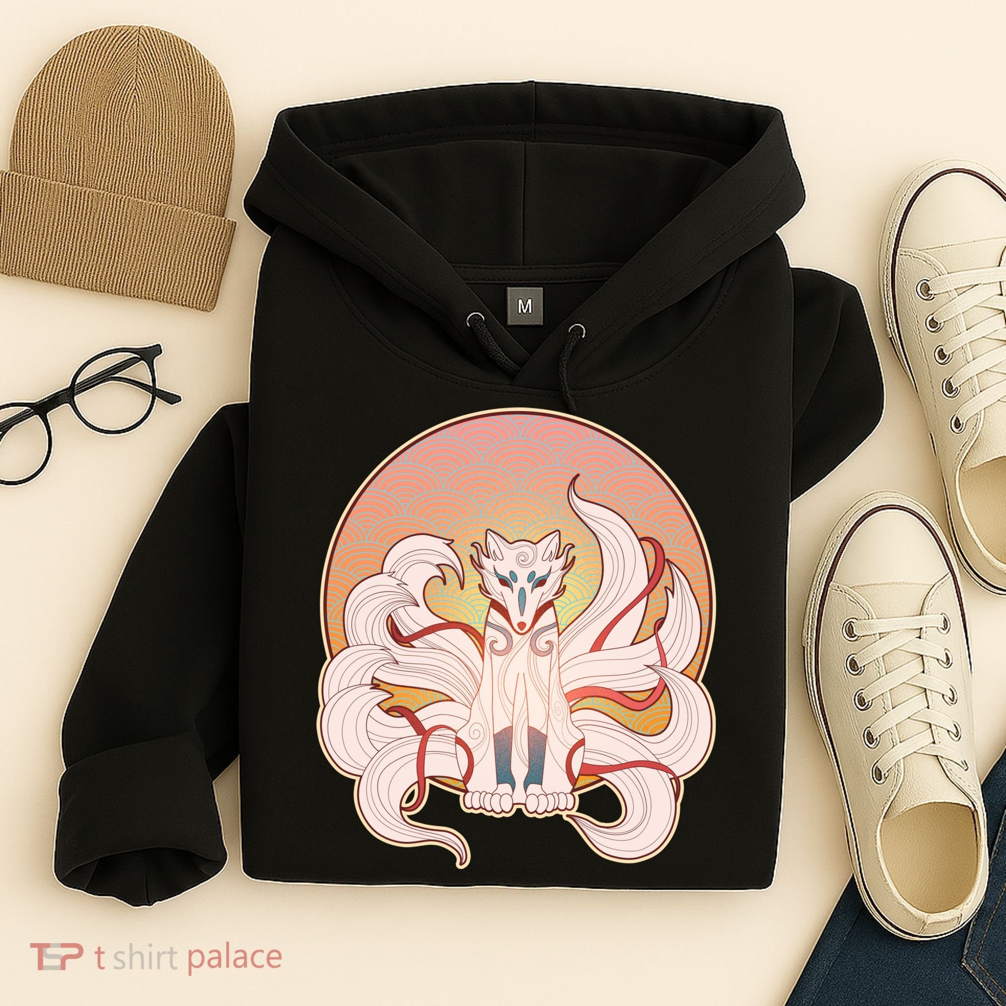 Japanese Nine Tails Kitsune Fox Emblem Pattern Hoodie