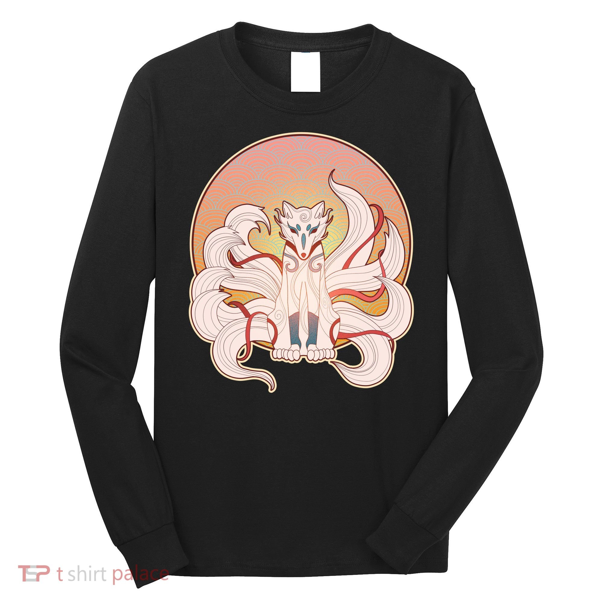 Japanese Nine Tails Kitsune Fox Emblem Pattern Long Sleeve Shirt