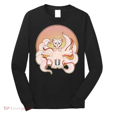 Japanese Nine Tails Kitsune Fox Emblem Pattern Long Sleeve Shirt