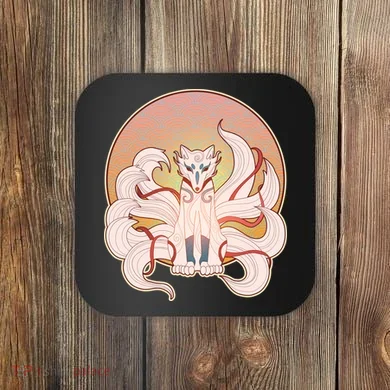 Japanese Nine Tails Kitsune Fox Emblem Pattern Coaster