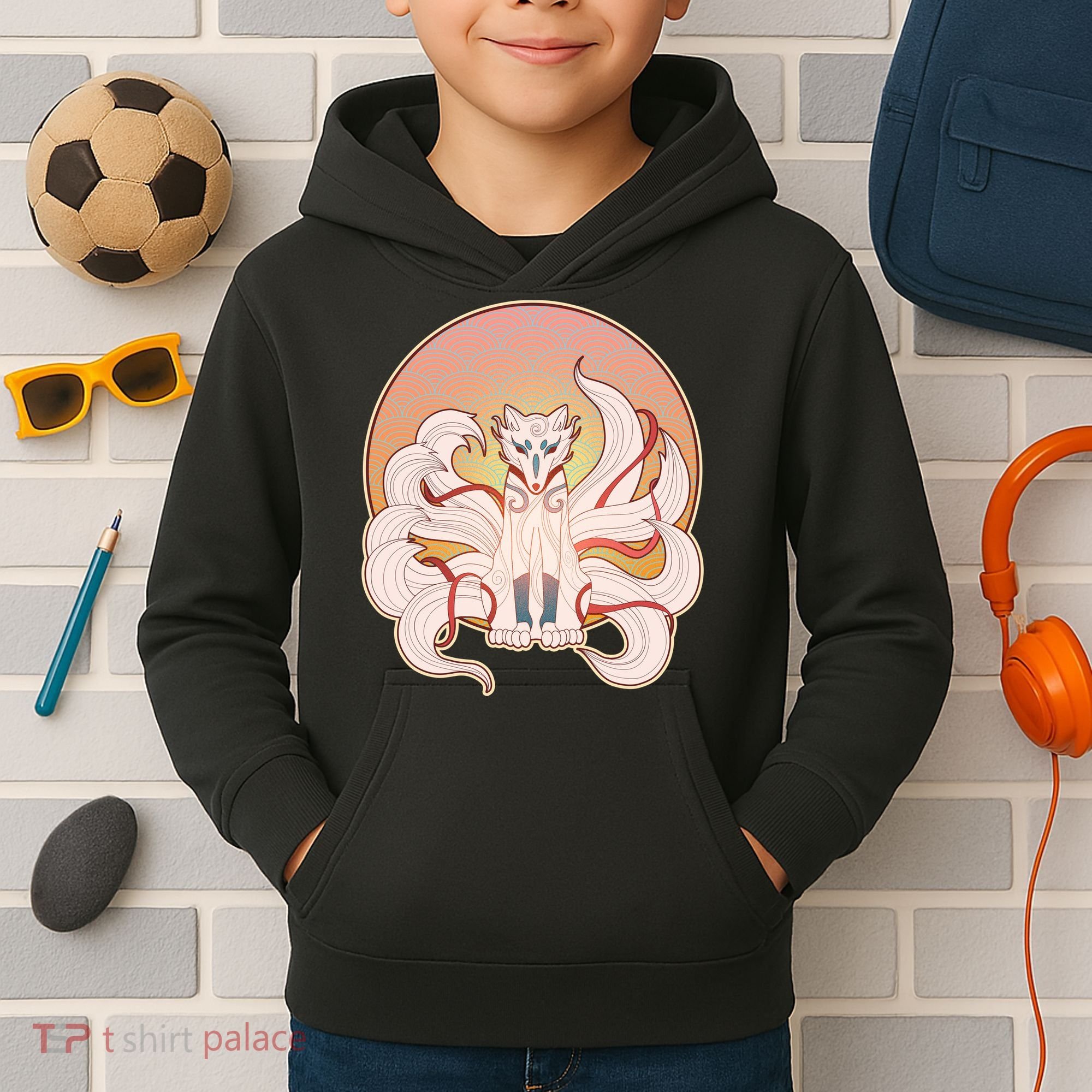 Japanese Nine Tails Kitsune Fox Emblem Pattern Kids Hoodie