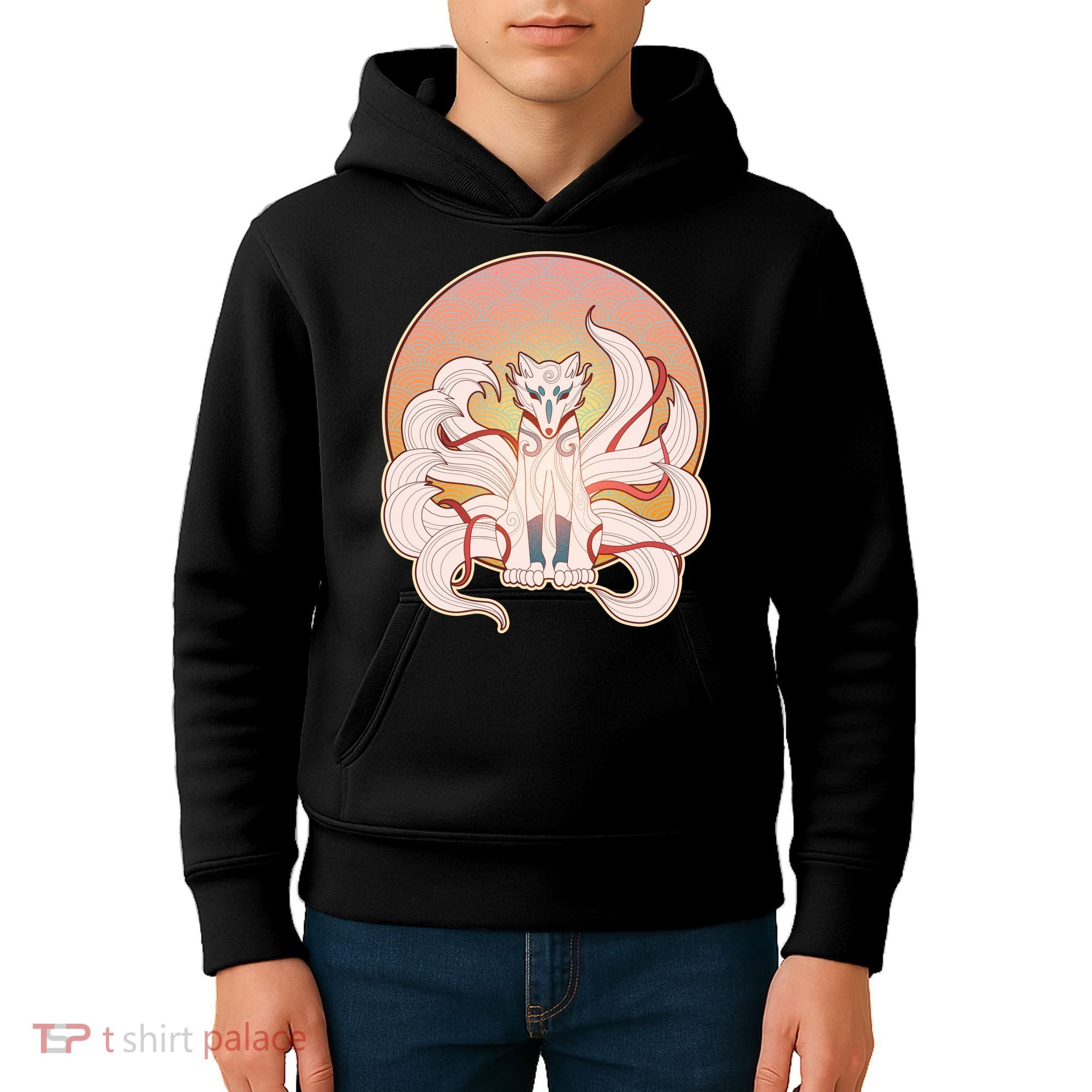 Japanese Nine Tails Kitsune Fox Emblem Pattern Kids Hoodie