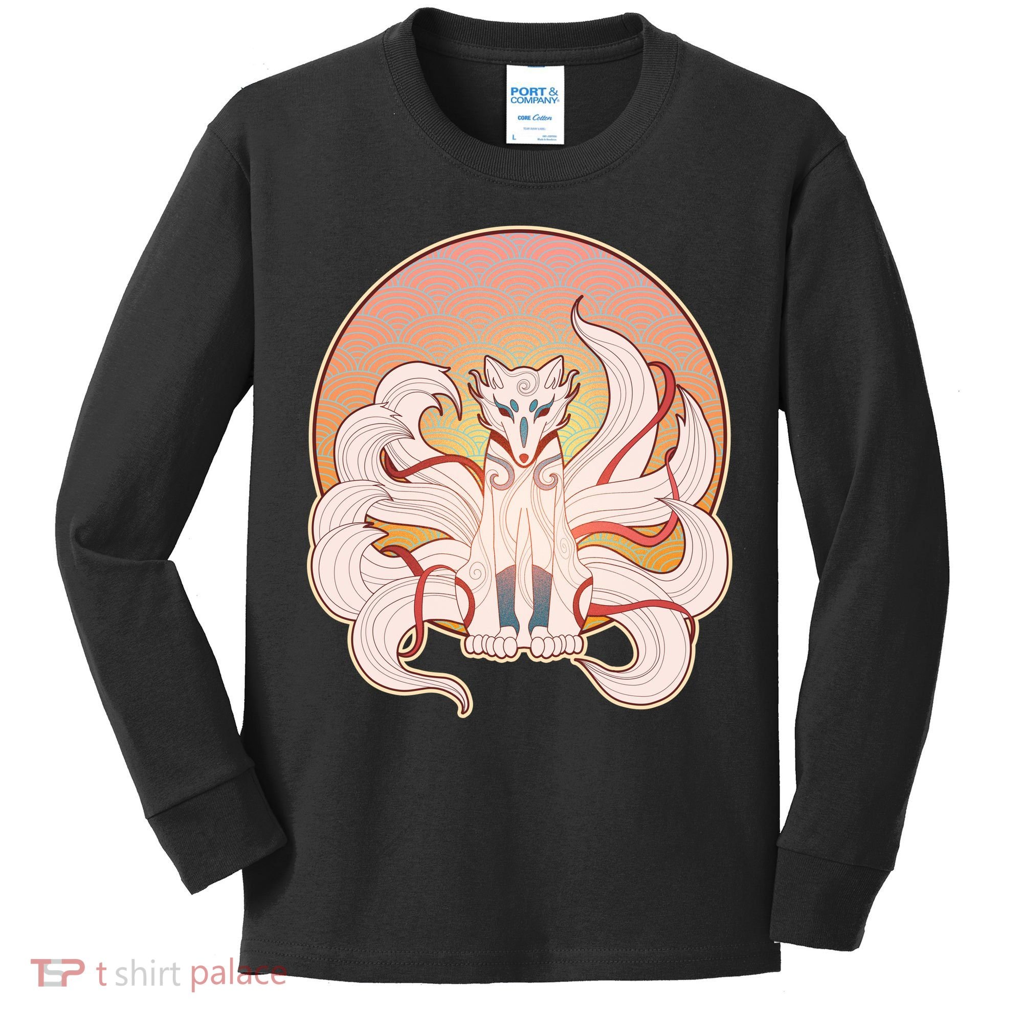 Japanese Nine Tails Kitsune Fox Emblem Pattern Kids Long Sleeve Shirt