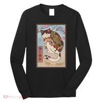 Japanese Woodblock Painting Tattooed Cat with Koi Long Sleeve Shirt thumb 0