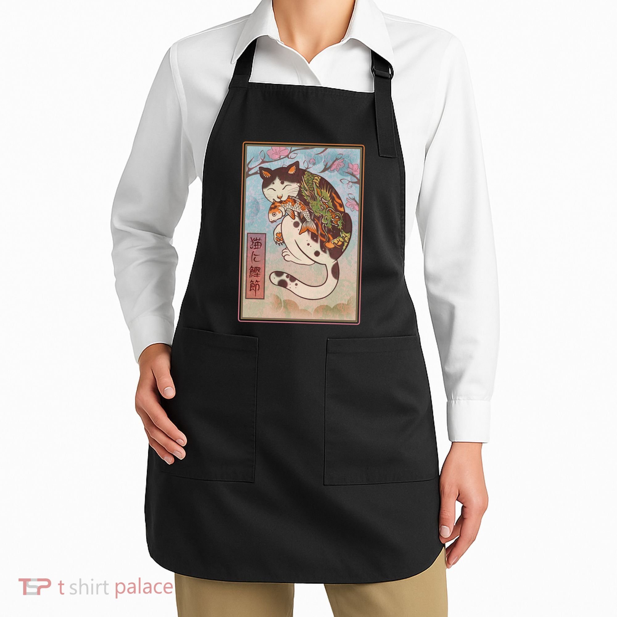 Japanese Woodblock Painting Tattooed Cat with Koi Apron