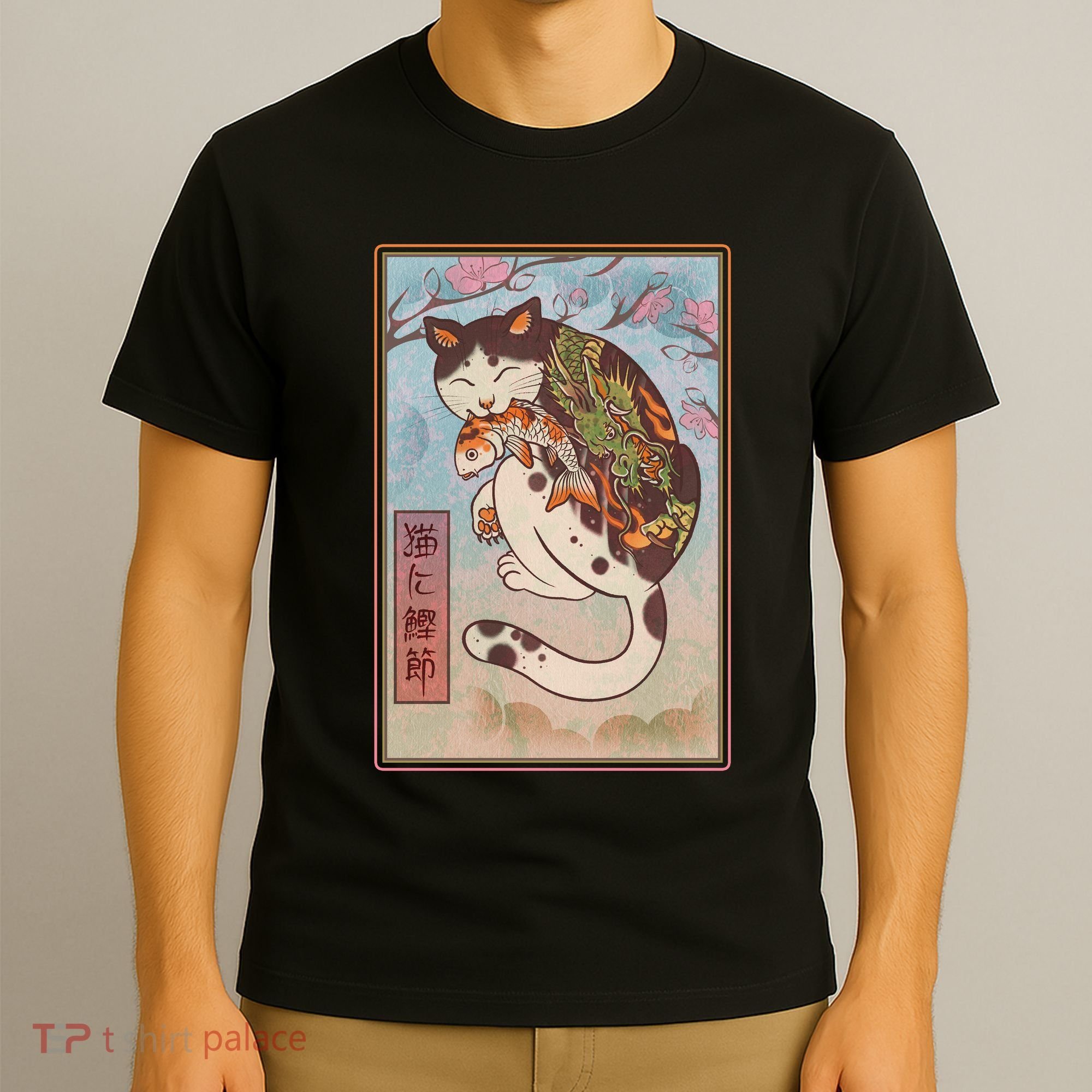 Japanese Woodblock Painting Tattooed Cat with Koi T-Shirt