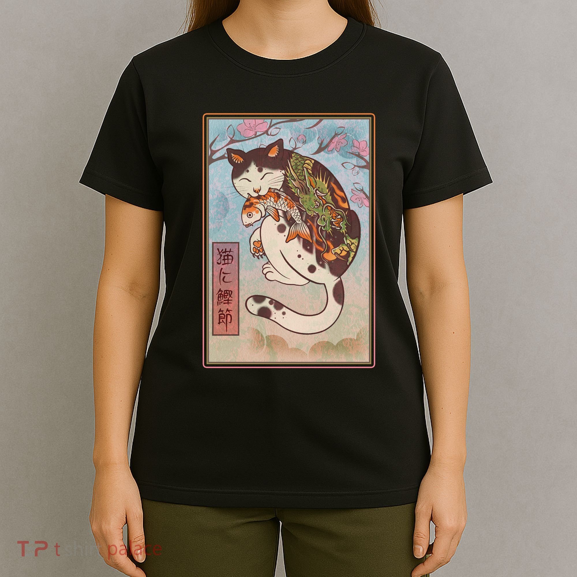 Japanese Woodblock Painting Tattooed Cat with Koi T-Shirt