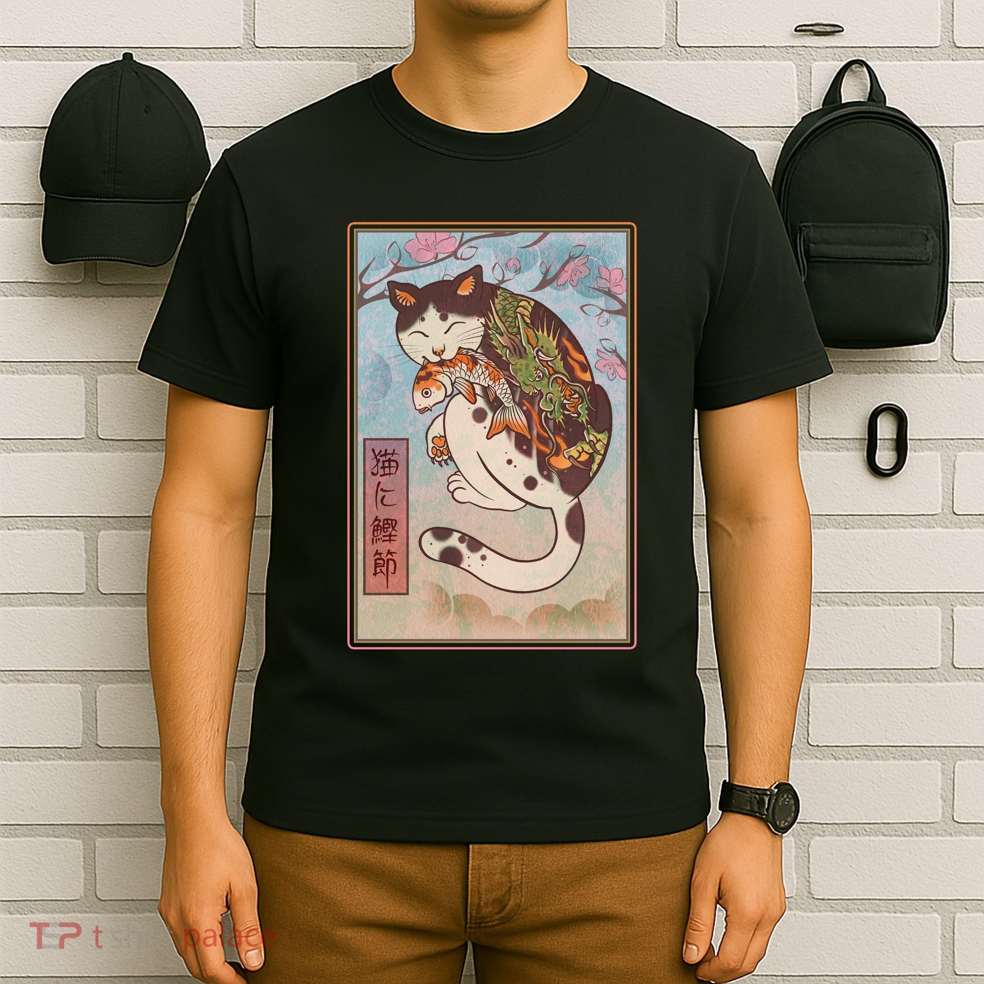 Japanese Woodblock Painting Tattooed Cat with Koi T-Shirt