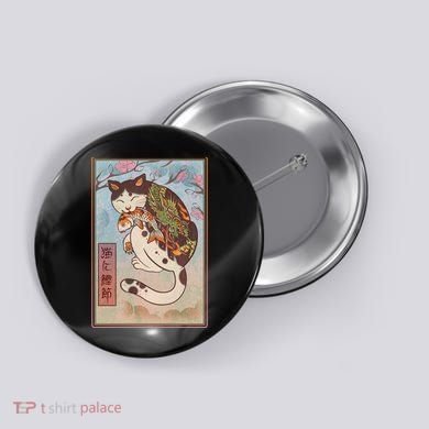 Japanese Woodblock Painting Tattooed Cat with Koi Button