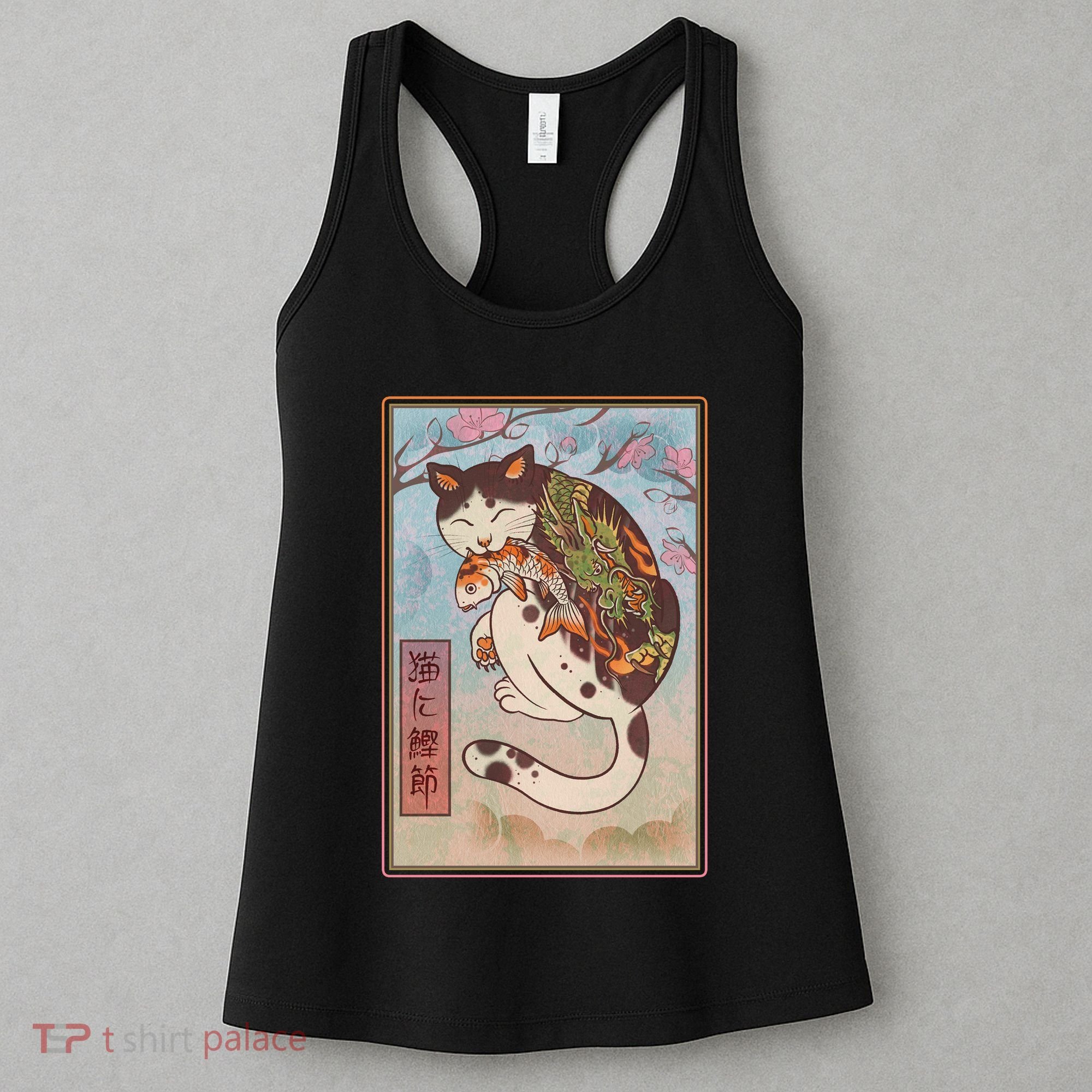 Japanese Woodblock Painting Tattooed Cat with Koi Women's Tank Top