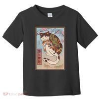 Japanese Woodblock Painting Tattooed Cat with Koi Toddler T-Shirt thumb 0