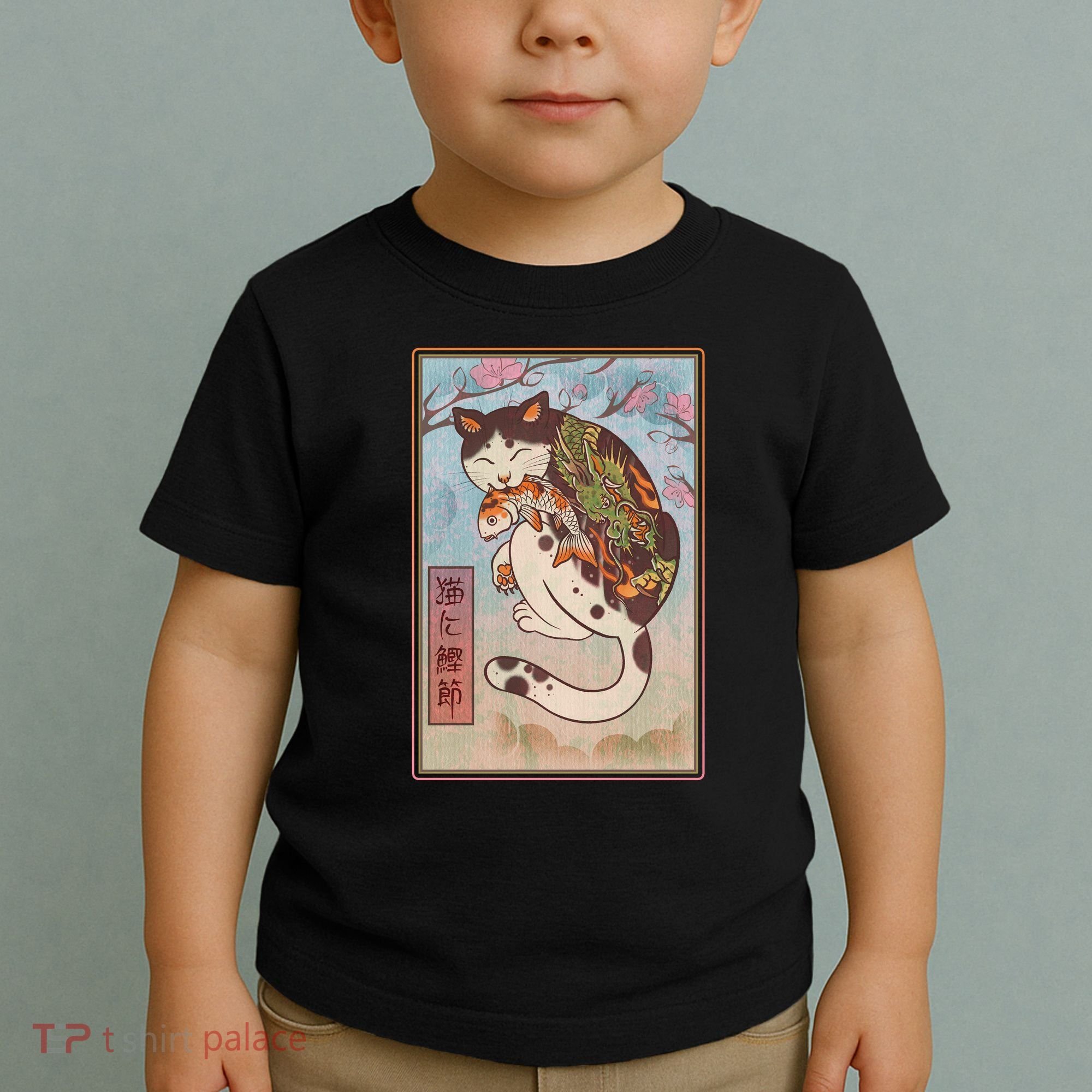 Japanese Woodblock Painting Tattooed Cat with Koi Toddler T-Shirt