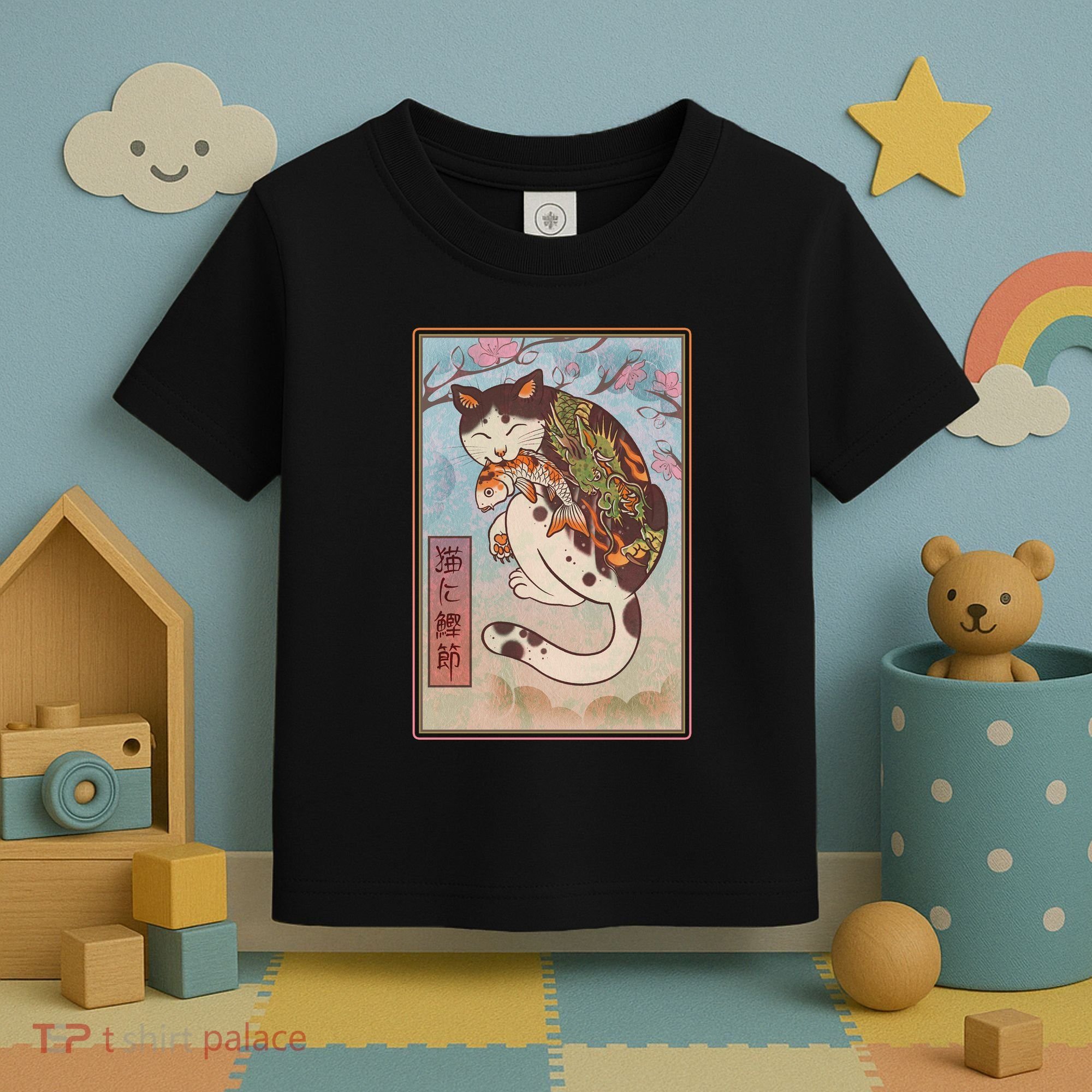 Japanese Woodblock Painting Tattooed Cat with Koi Toddler T-Shirt