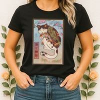 Japanese Woodblock Painting Tattooed Cat with Koi Women's T-Shirt thumb 2