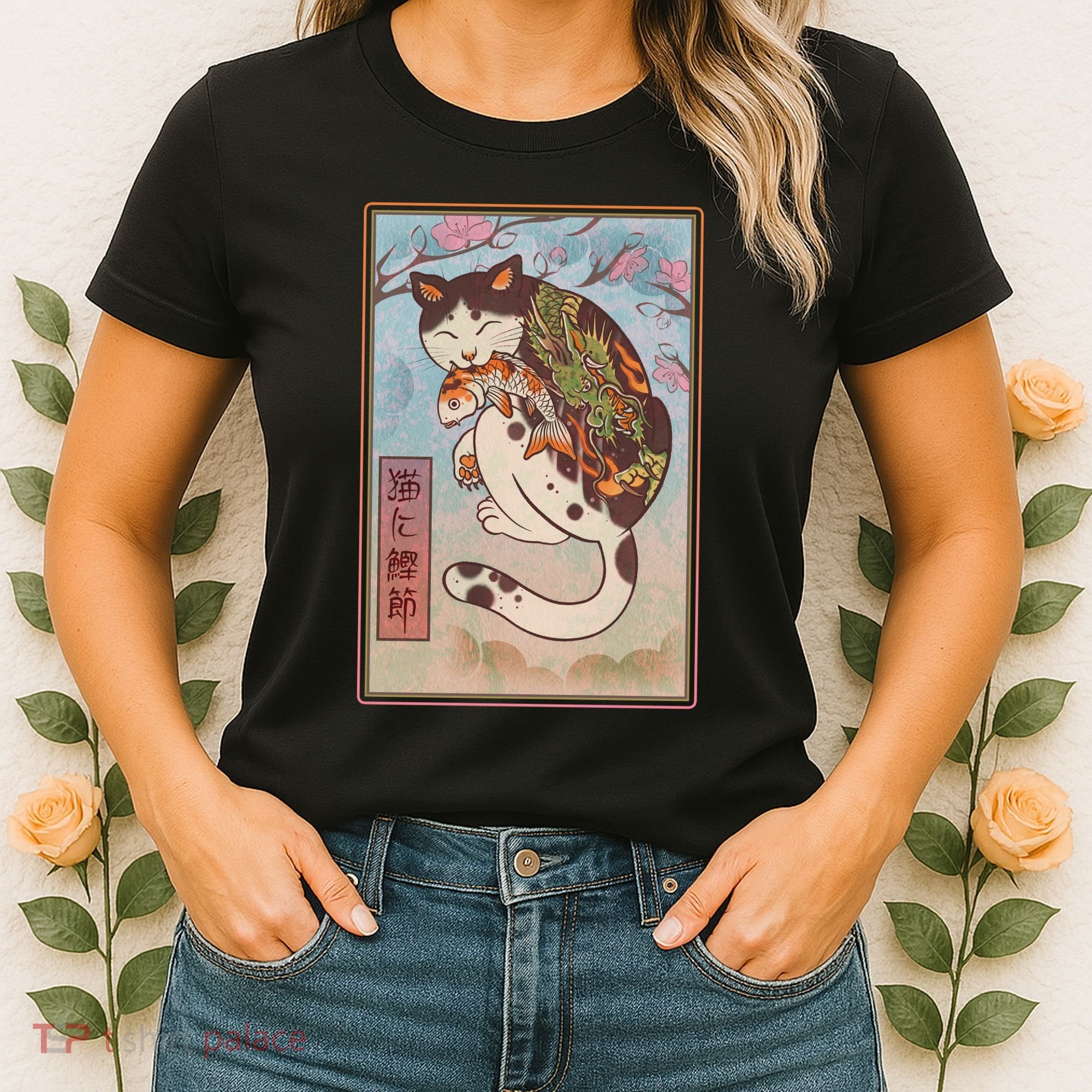 Japanese Woodblock Painting Tattooed Cat with Koi Women's T-Shirt