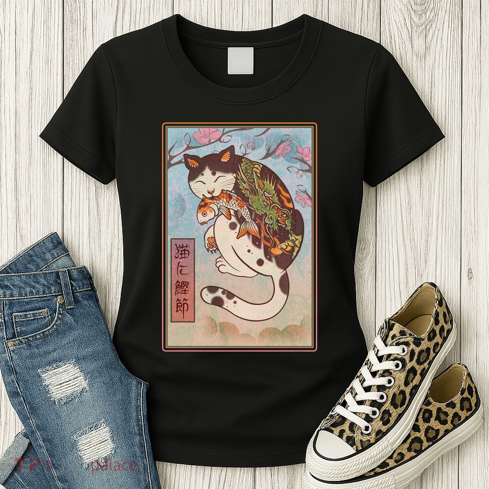 Japanese Woodblock Painting Tattooed Cat with Koi Women's T-Shirt